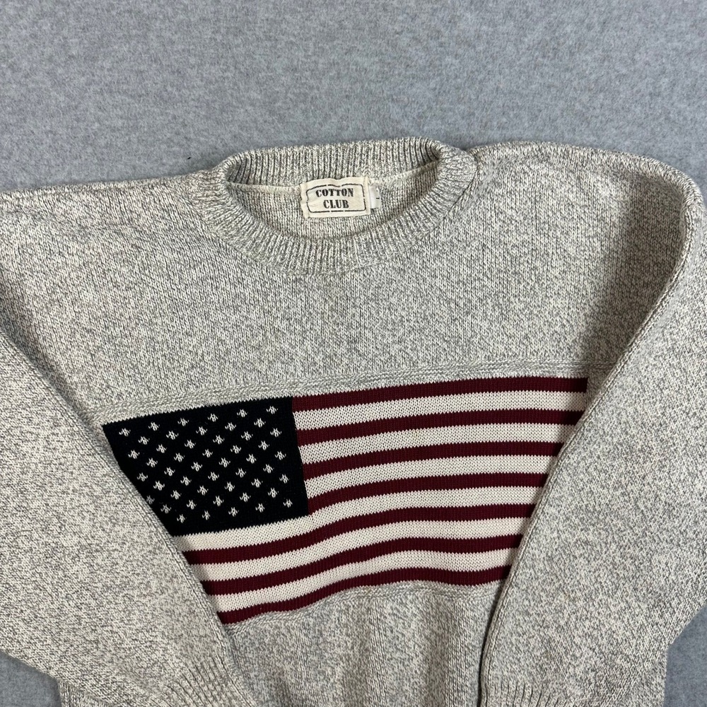 VINTAGE Cotton Club American Flag Sweater L 90s Grandpa Knit Coastal Grey‎ - Picture 4 of 11
